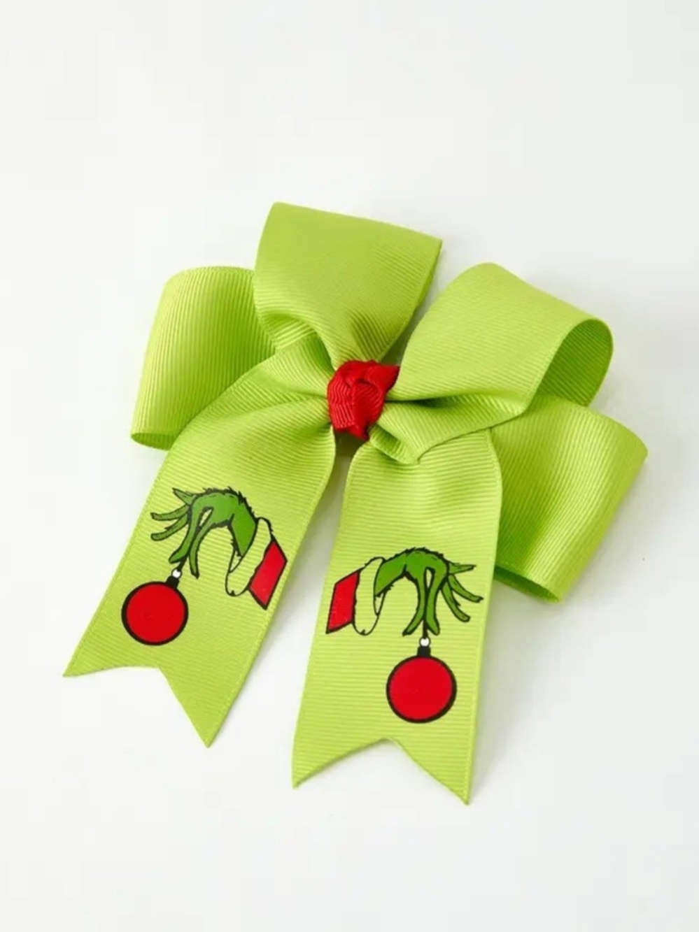 Kids Green Grinch Bow Hair Clip with Red Ornament Accent